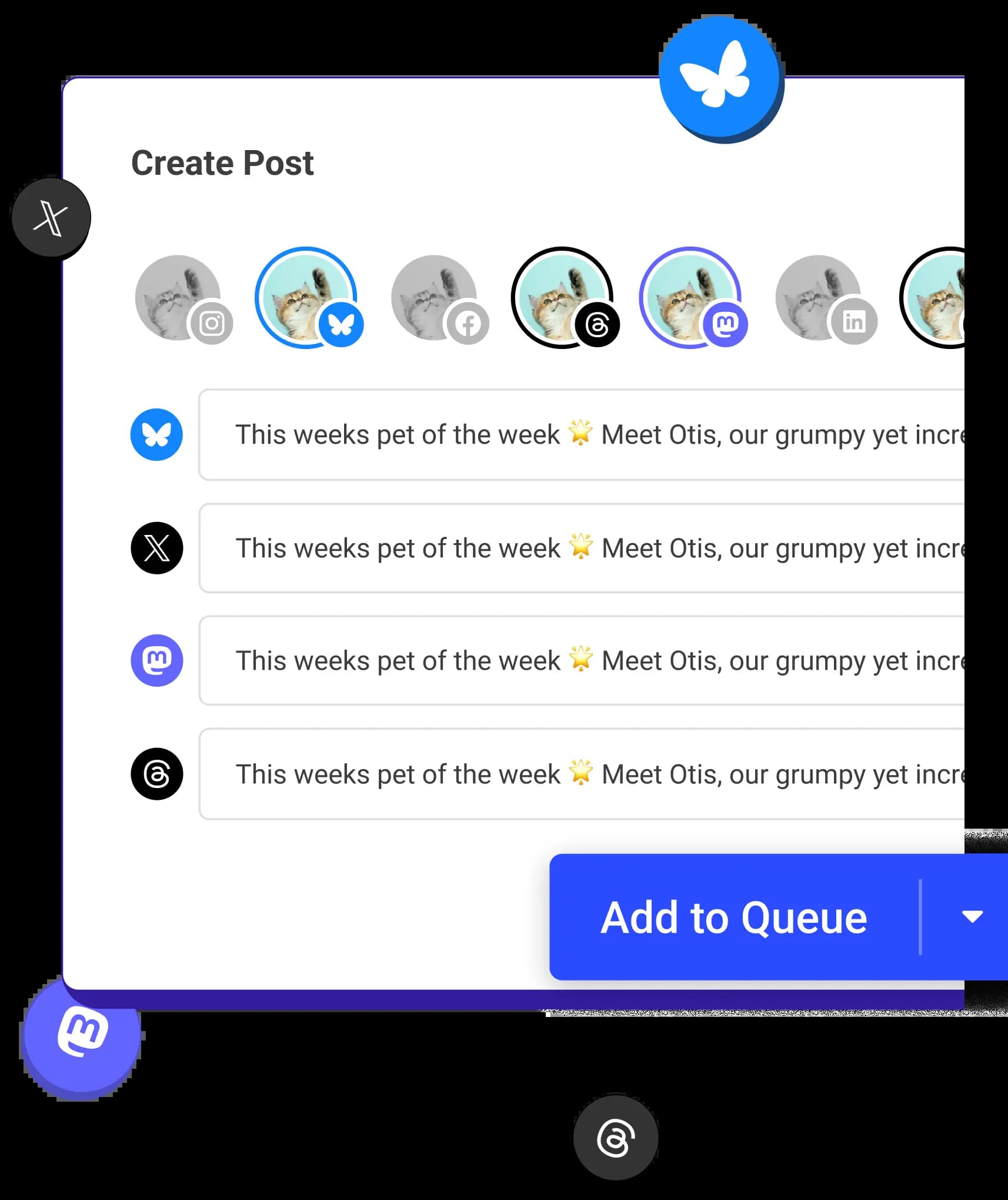 A create Bluesky post screen with options to crosspost to other social media channels by adding them to a posting queue.