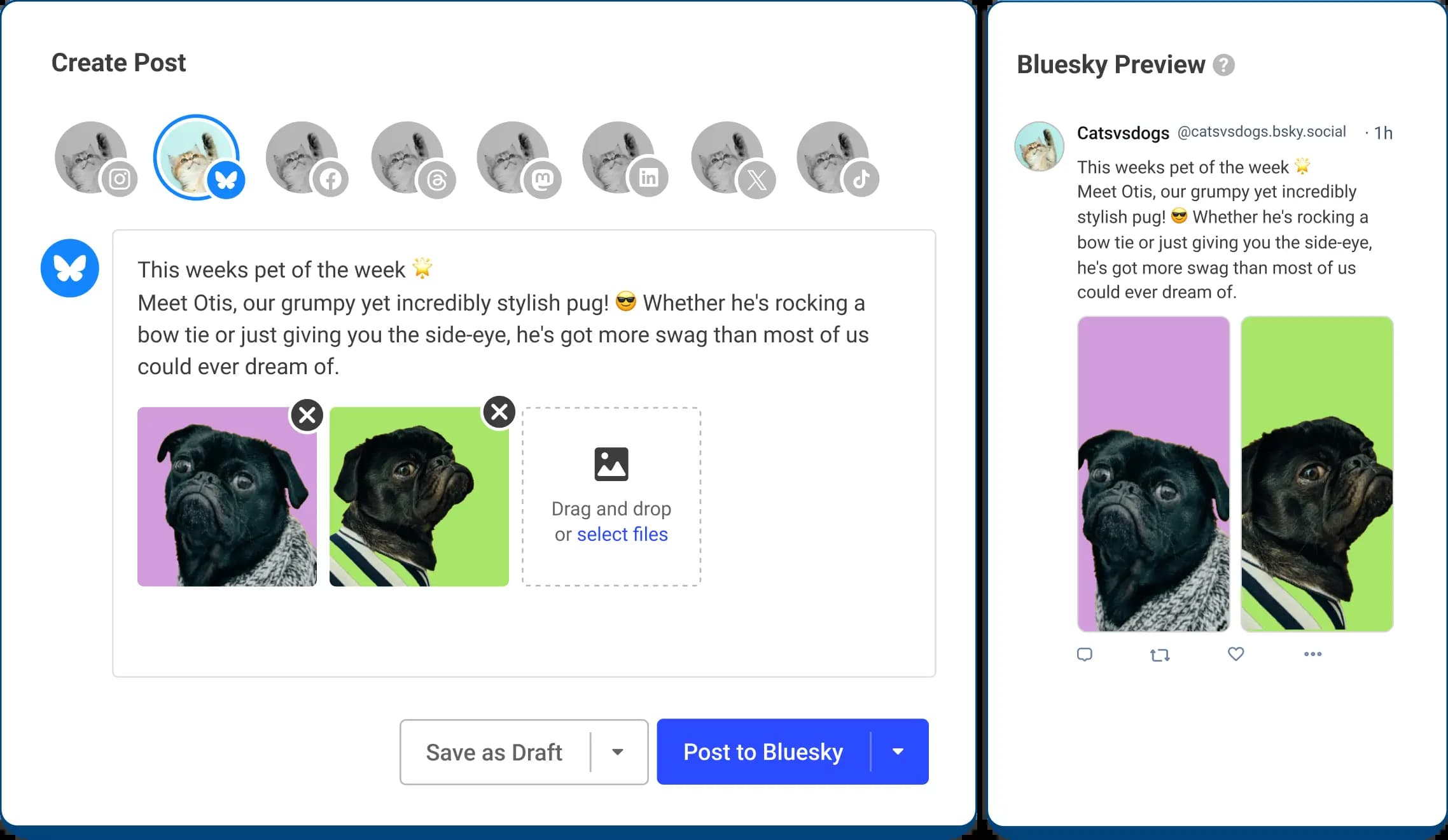 Bluesky create post screen with a text editor and image attachments next to a preview of the published post on Bluesky.