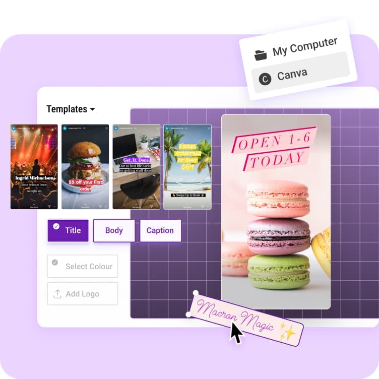 Buffer Instagram templates can allow you to upload images from your computer or Canva and customize the title, body, and caption.