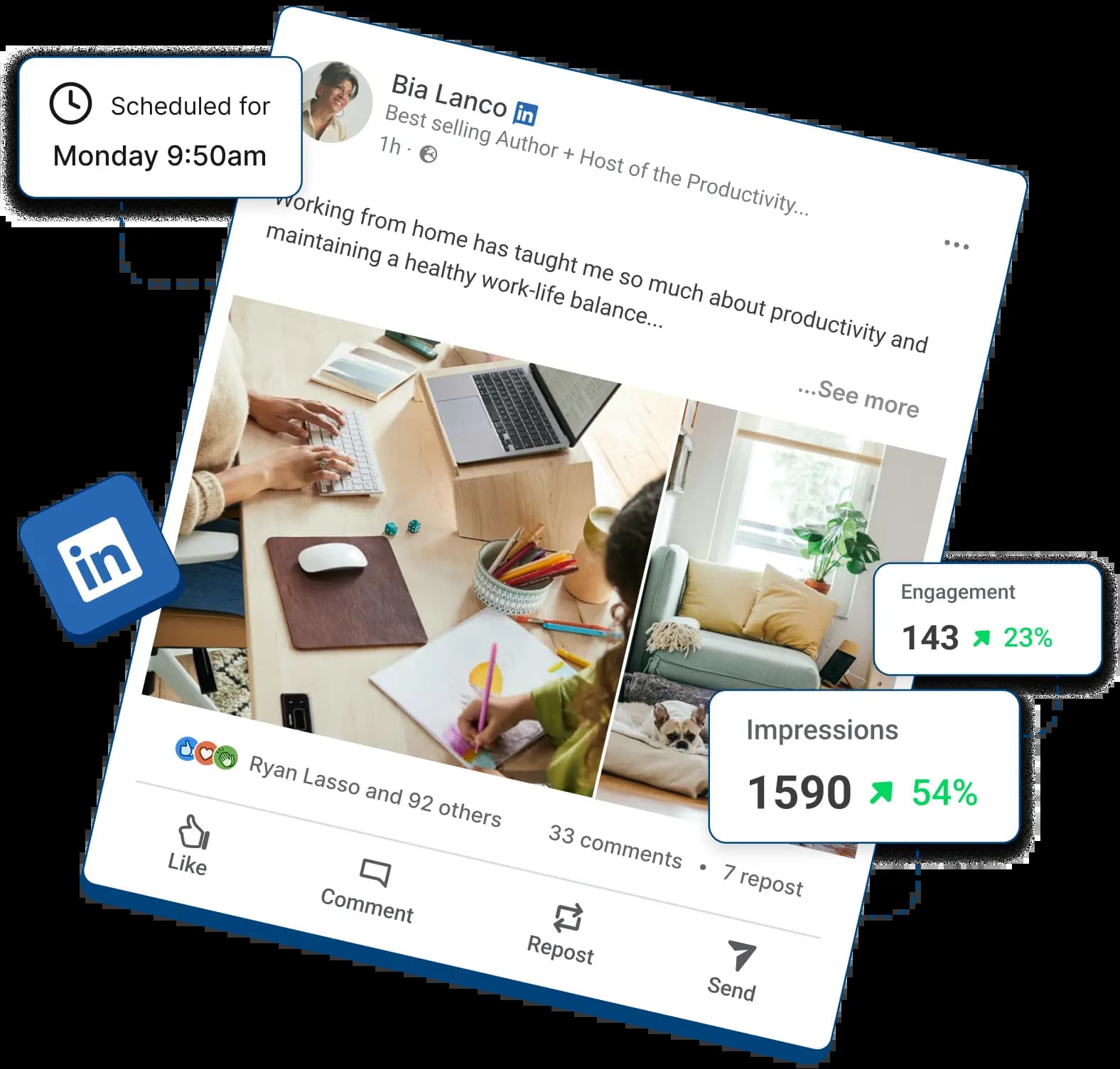 LinkedIn post surrounded by post analytics and scheduled date and time.