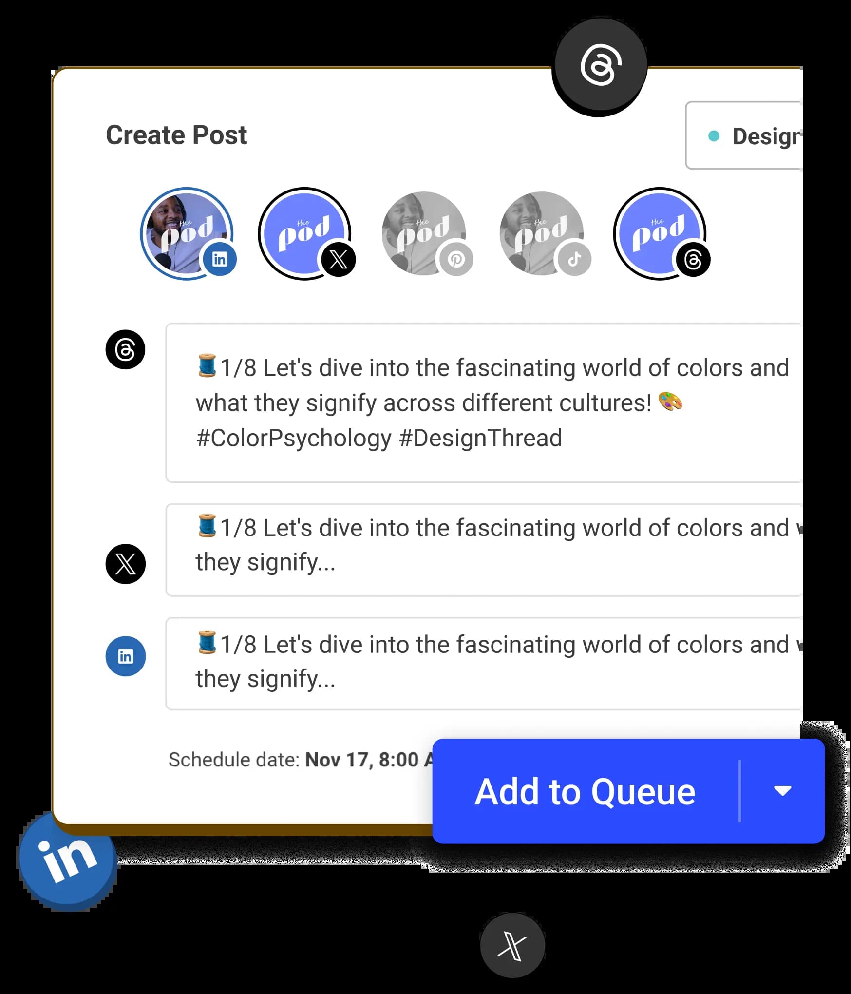 A create Threads post screen with options to crosspost to other social media channels by adding them to a posting queue.