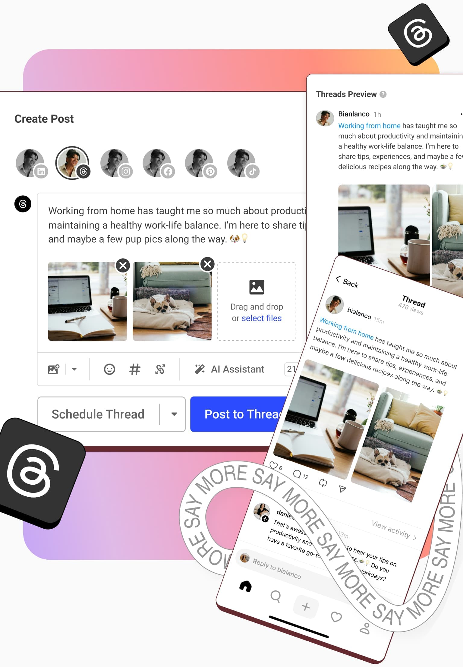 Buffer application with screens to create, preview, and schedule Threads posts compared to the publish post.