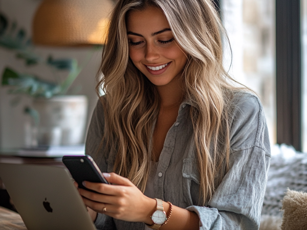 young woman types on her phone in a home office to illustrate habits to help create content consistently