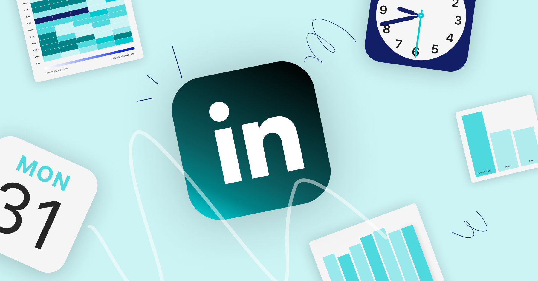 A calendar, clock, graph, and LinkedIn icon to illustrate the best time to post on LinkedIn